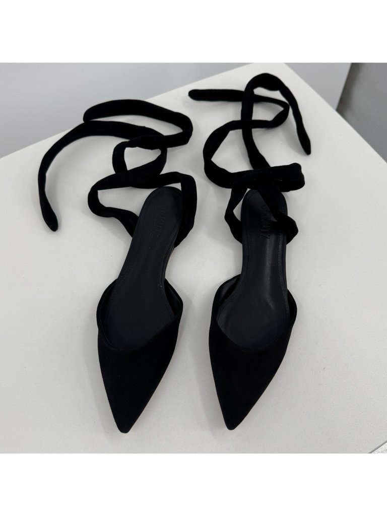 Schutz Black Suede Barbrah Pointed Toe Flats With Tie Ankle Wrap Size 8.5